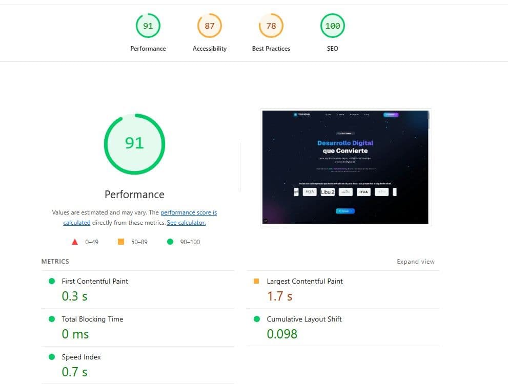 Captura de pantalla del informe Lighthouse para erickarevalo.com con 91 de rendimiento, 87 de accesibilidad, 78 en buenas prácticas y 100 en SEO.